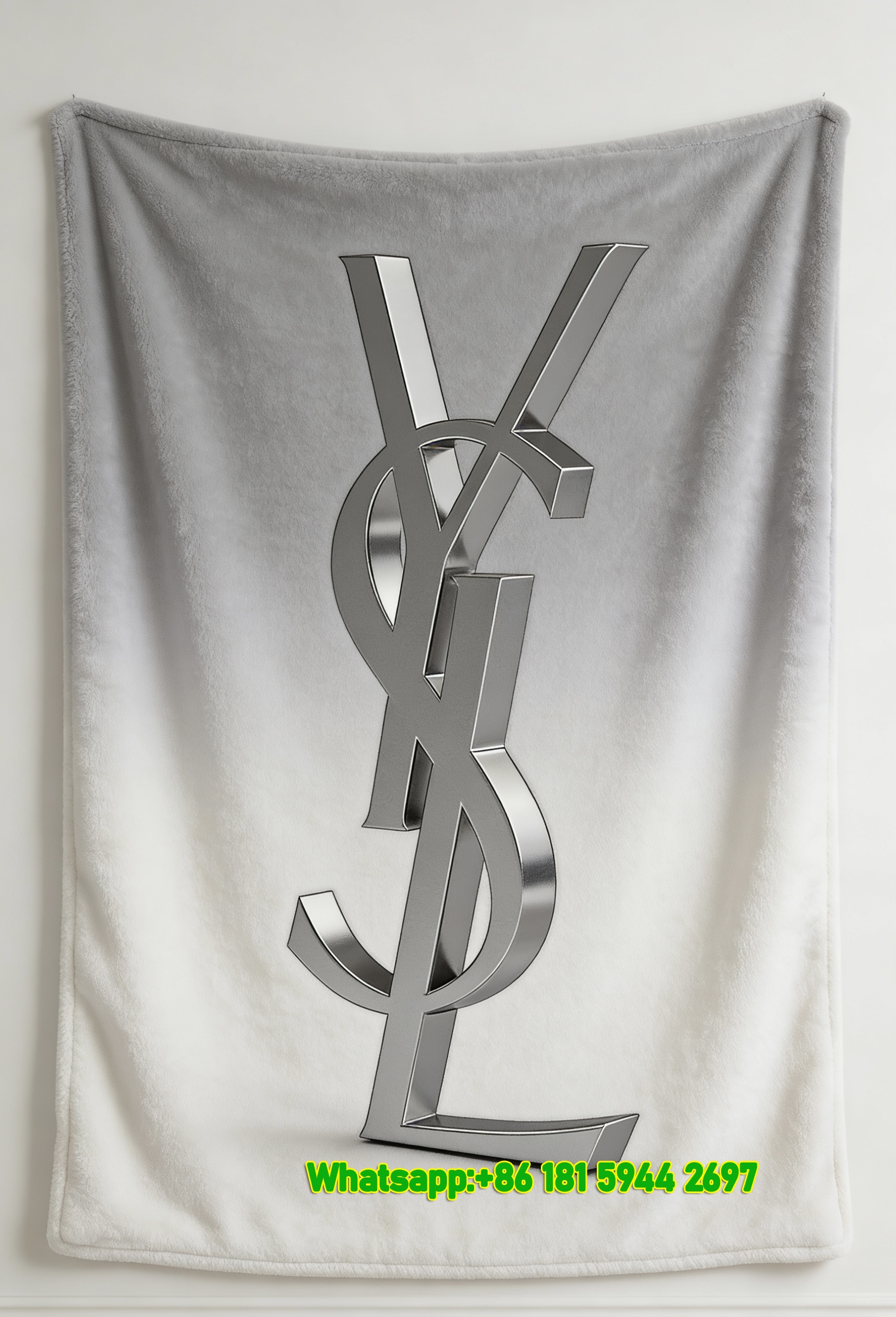 Yves Saint Laurent YSL Silver Metallic 3D Logo Print Flannel Throw Blanket IMG_3270